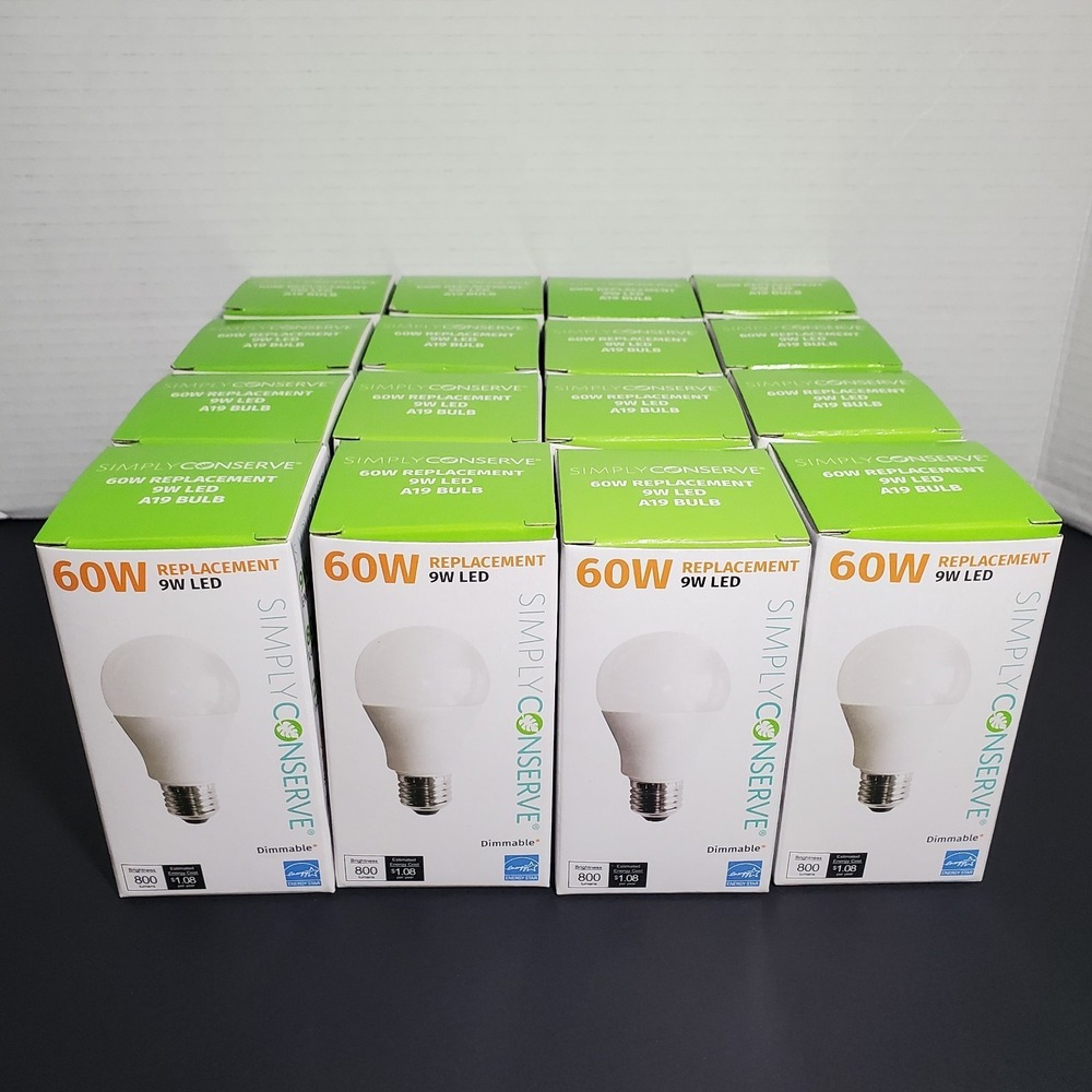 16 Simply Conserve 9W Light Bulbs Dimmable A19 LED Soft White 60 Watt Equivalent